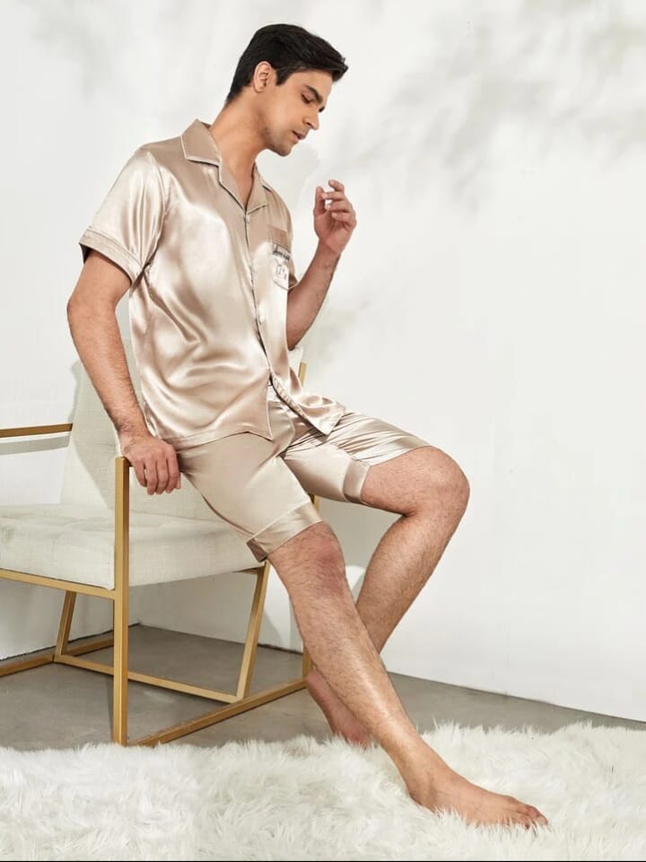 Crystal City Men's Satin Slogan Embroidery Lapel Neck Sleepwear Shirt & Short Set
